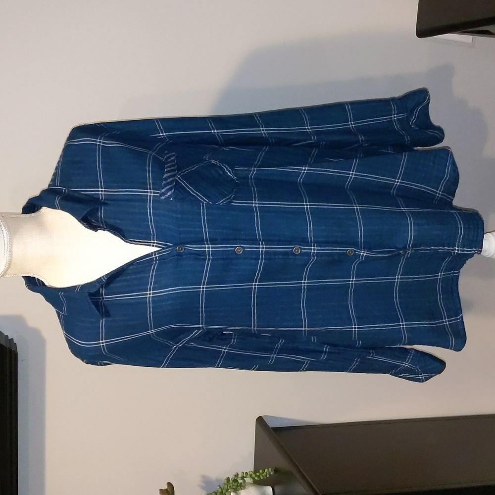 Tribal jeans navy blue/white plaid button down with 1 pocket size large